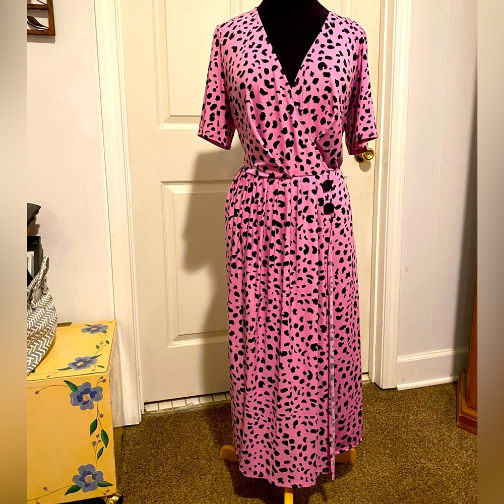 ASOS pink leopard print pleated midi dress 16